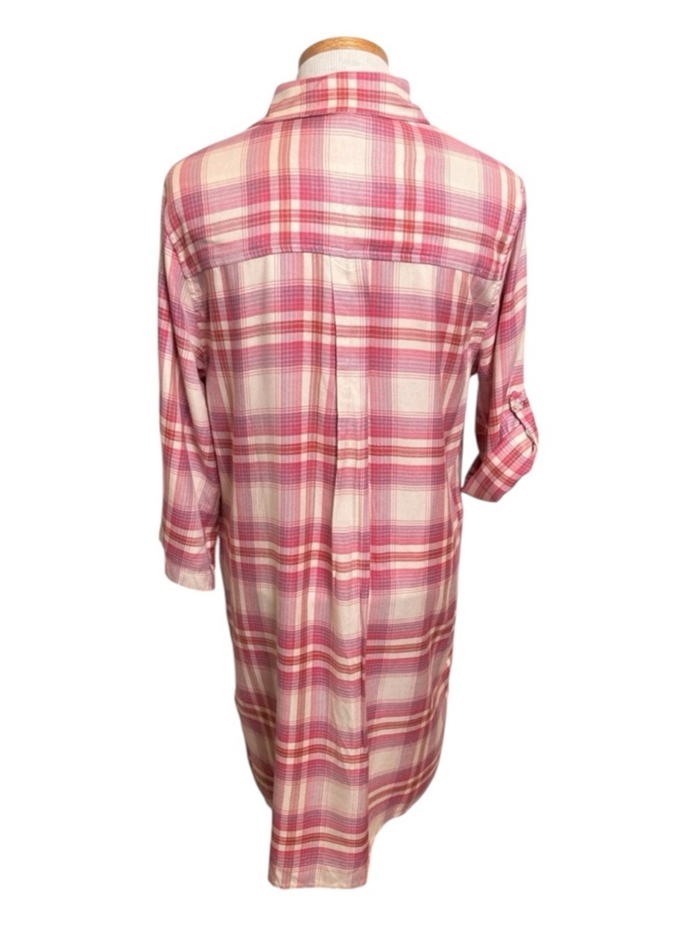 Elan Plaid Shirt Dress Medium Pink Roll Tab Sleeve Pocket Tunic Coastal Vacation - Picture 3 of 10